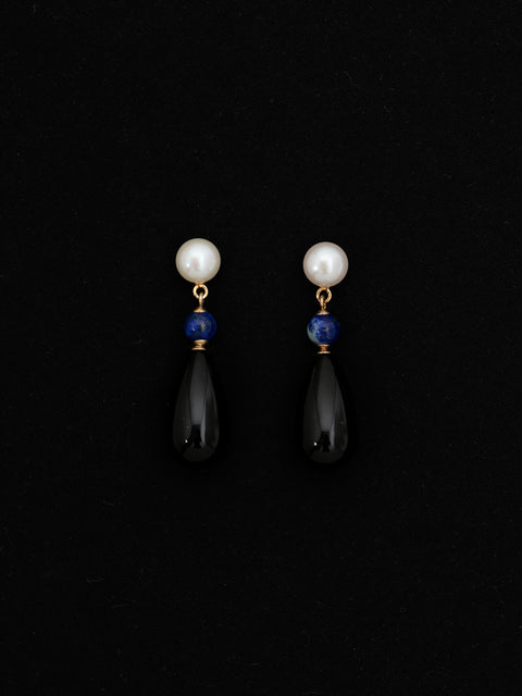 pearl, lapis and onyx teardrop earrings