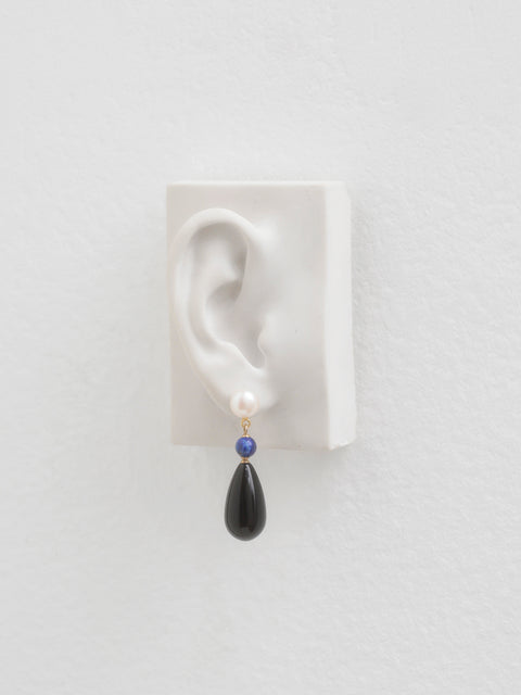 pearl, lapis and onyx teardrop earrings
