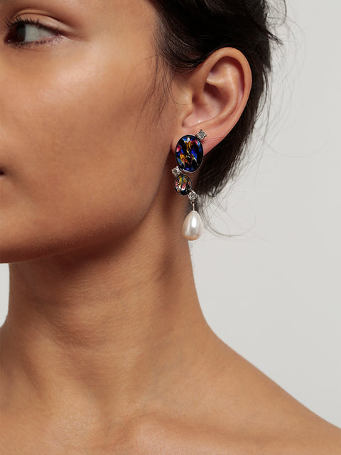 double blue opal & pearl drop earrings