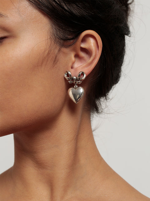 antique bow & drop heart earrings