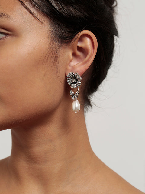 crystal flowers & butterfly drop earrings
