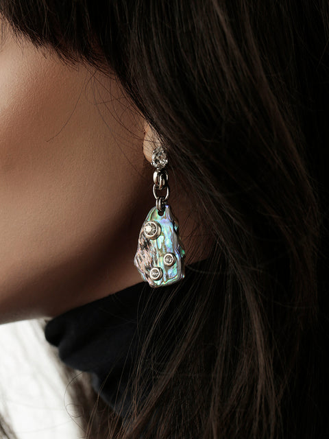 crystal studded pāua shell linked drop earrings