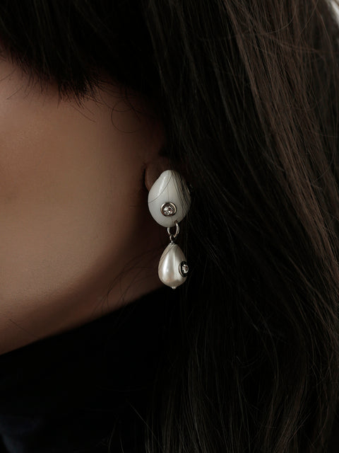 crystal studded white moon shell and pearl drop earrings