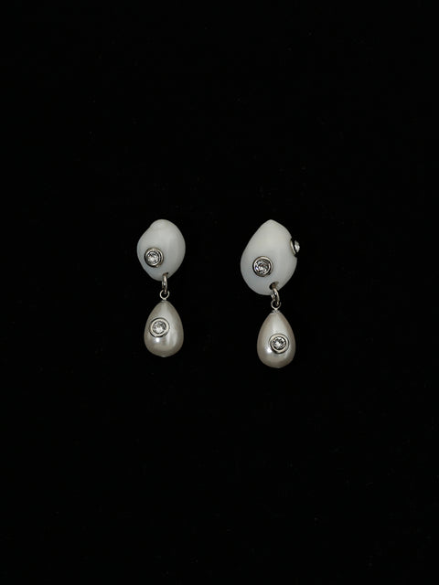 crystal studded white moon shell and pearl drop earrings
