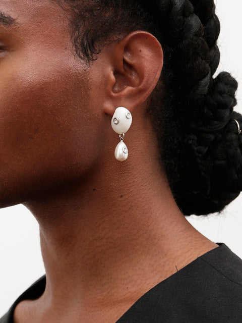 crystal studded white moon shell and pearl drop earrings