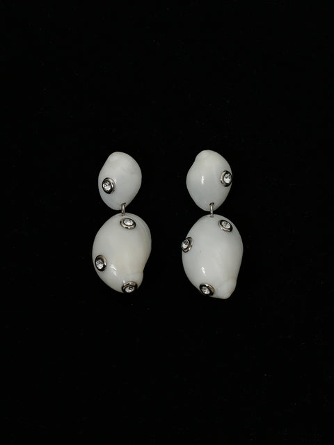 crystal studded white moon shell drop earrings