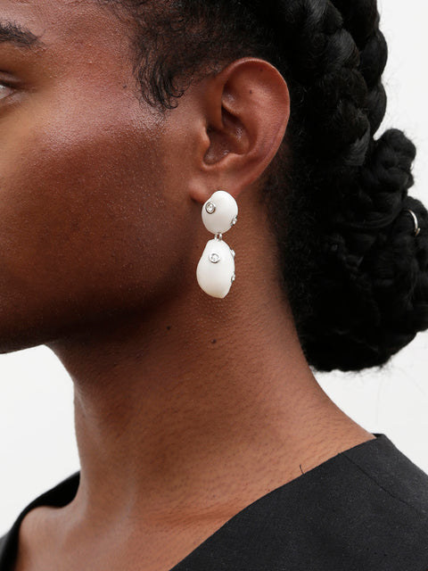 crystal studded white moon shell drop earrings