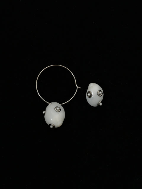 crystal studded white moon shell mismatched hoop earrings