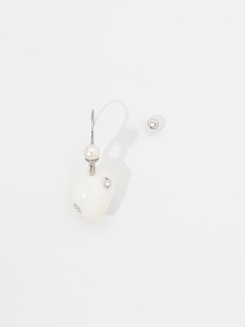crystal studded white moon shell mismatched hook earrings