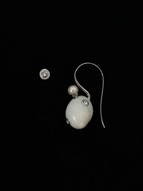 crystal studded white moon shell mismatched hook earrings