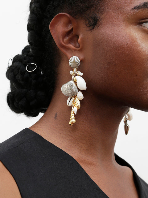 two tone mismatched shells long drop earrings