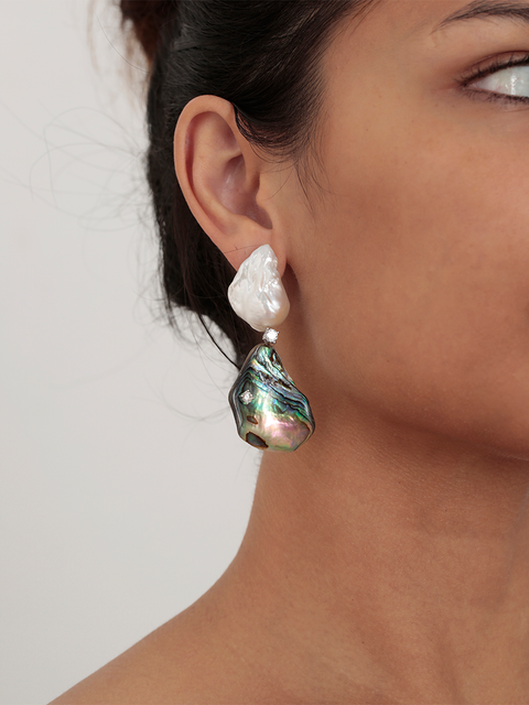 mismatched irregular paua shell and baroque pearl drop earrings