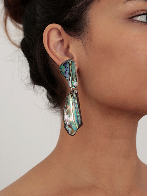 mismatched elongated paua shell and baroque pearl drop earrings