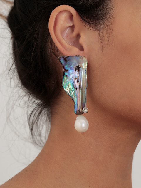 two large irregular paua shell and baroque pearl drop earrings
