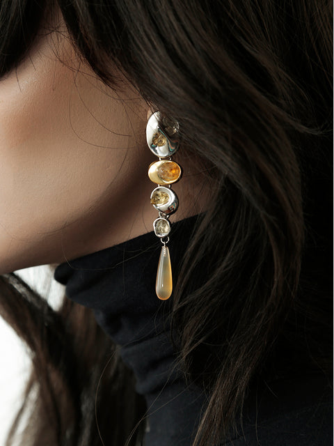 two tone long drop citrine earrings