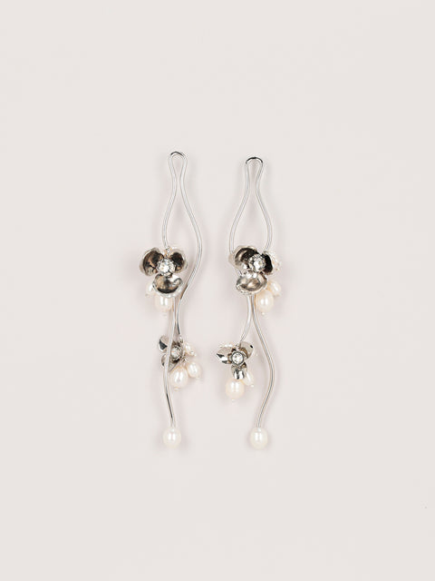cluster of flores and pearls long drop earrings