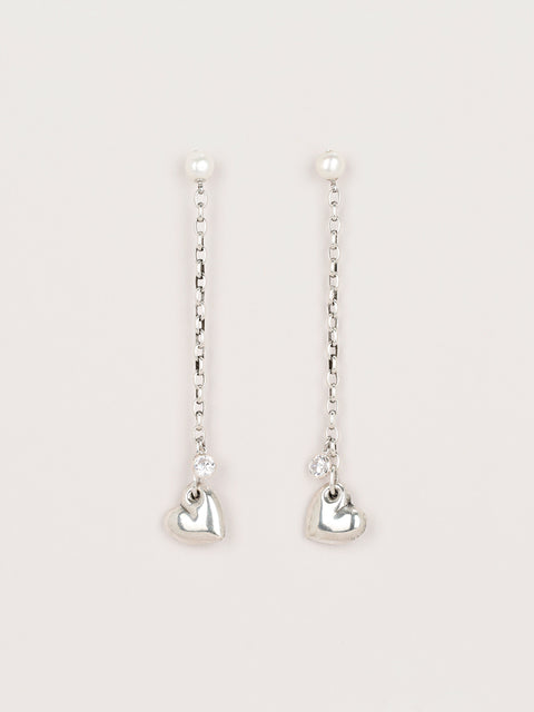 pearl and long drop linked heart earrings