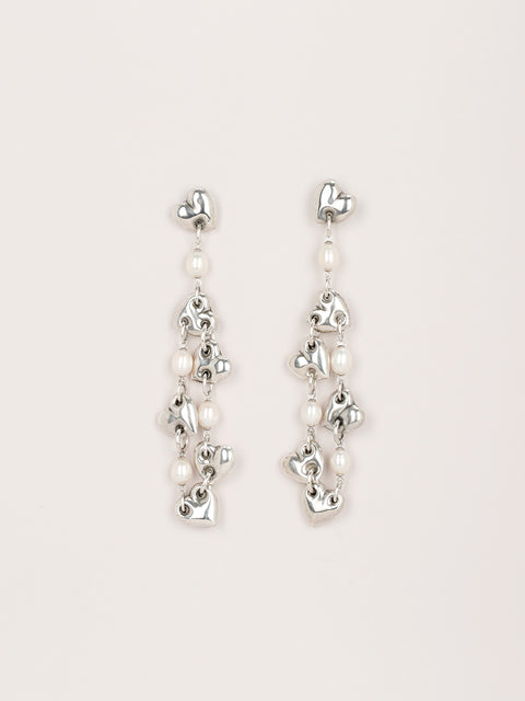 multi linked heart and pearl drop earrings
