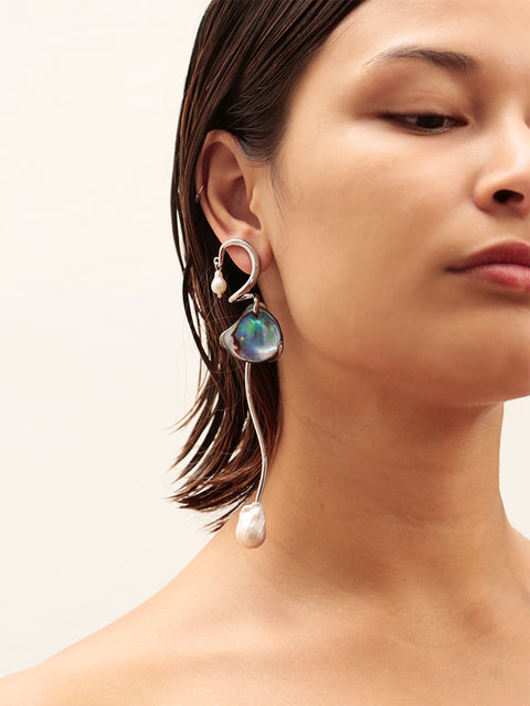 mismatched broken paua shell long drop earrings