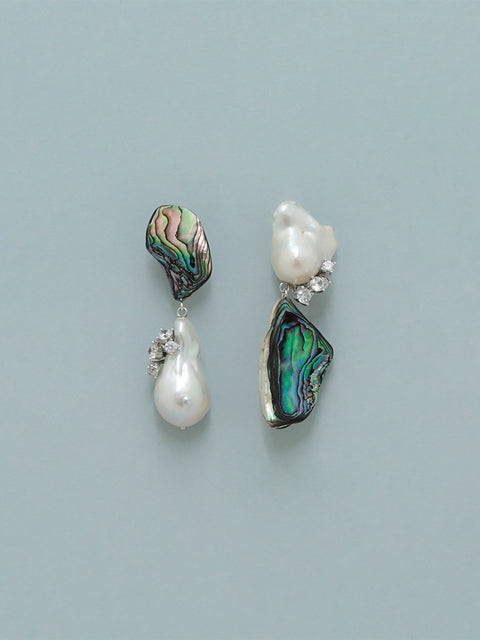 mismatched broken paua shell and baroque pearl drop earrings