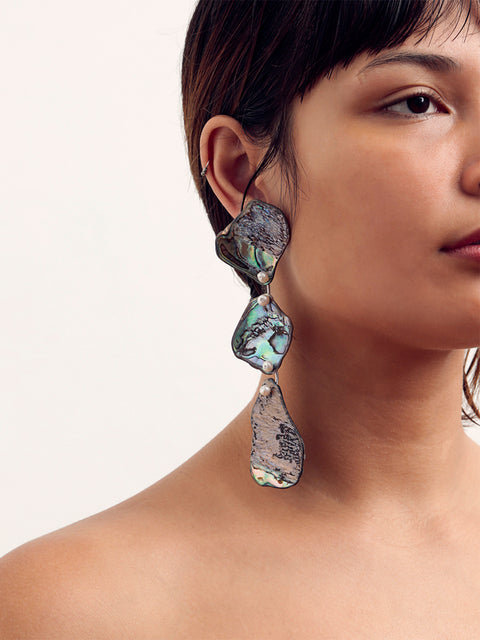 three broken paua shell long drop earrings