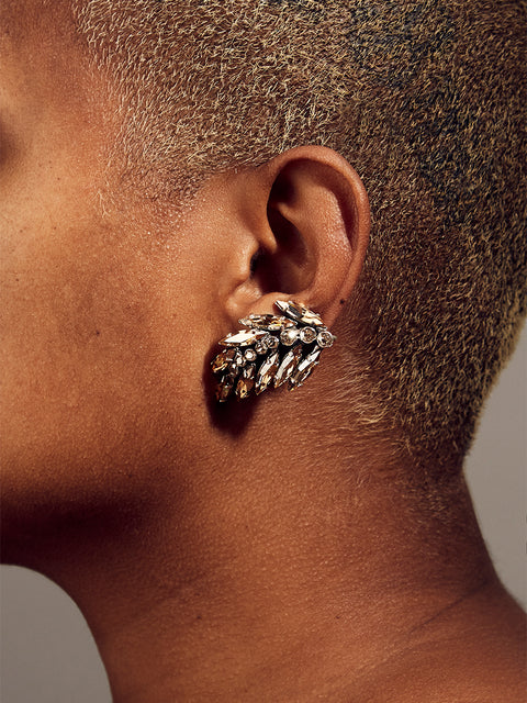 golden crystal palm frond clip earrings