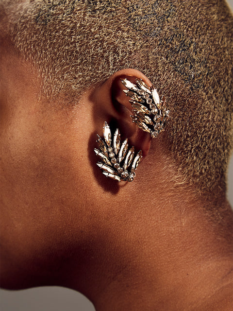golden crystal palm frond clip earrings