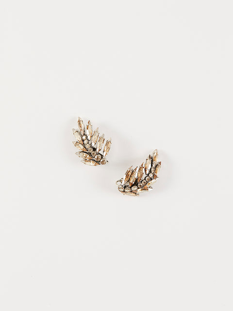 golden crystal palm frond clip earrings