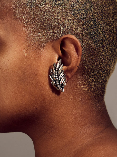 crystal palm frond clip earrings