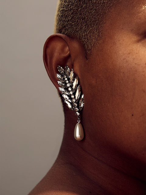crystal palm frond and pearl drop clip earrings