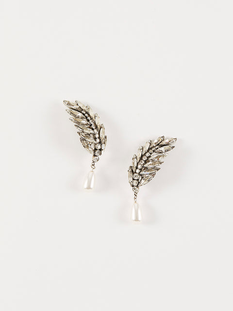 crystal palm frond and pearl drop clip earrings