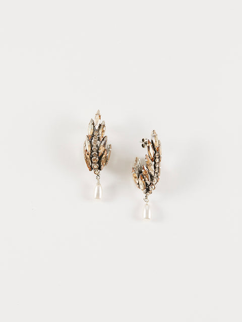 golden crystal palm frond and pearl drop half hoop earring