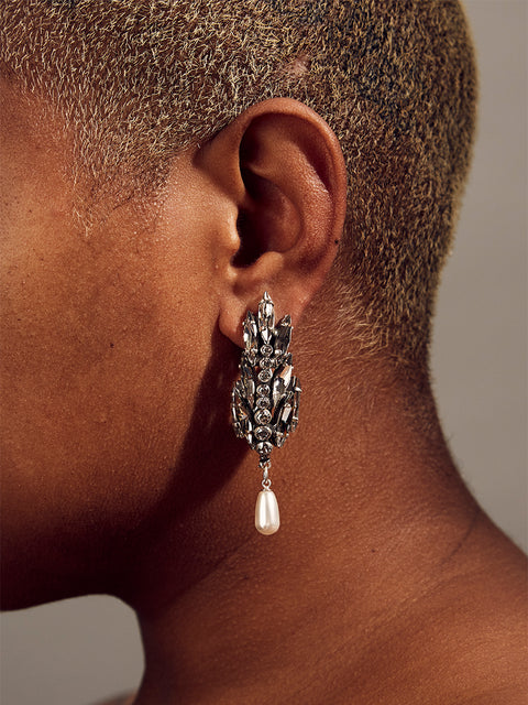 crystal palm frond and pearl drop half hoop earrings