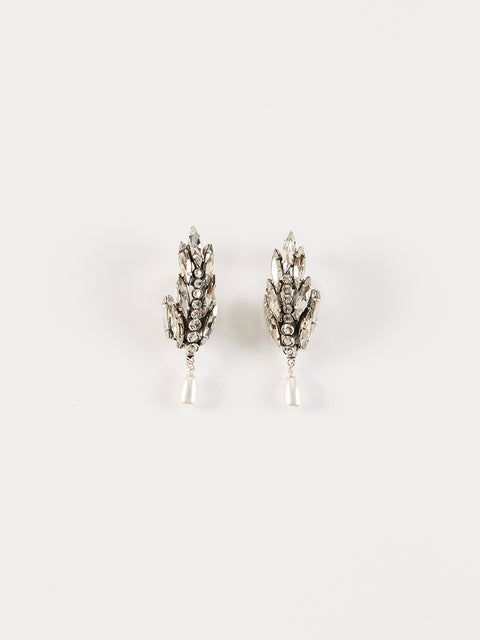 crystal palm frond and pearl drop half hoop earrings