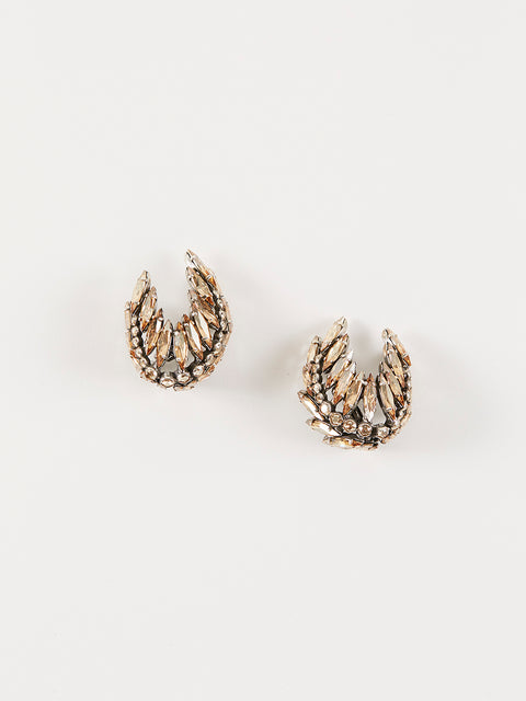 double golden crystal palm frond clip earrings