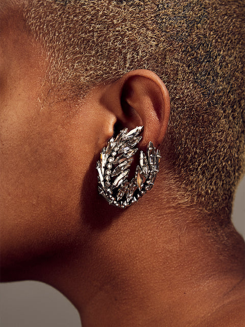 double crystal palm frond clip earrings