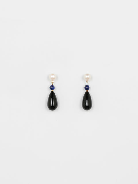 pearl, lapis and onyx teardrop earrings