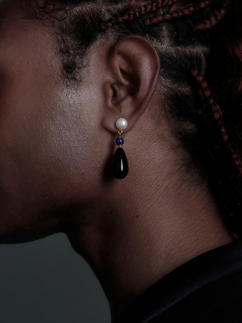 pearl, lapis and onyx teardrop earrings