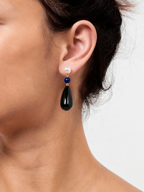 pearl, lapis and onyx teardrop earrings