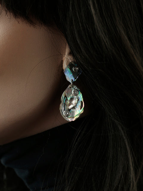 crystal studded pāua shell drop earrings