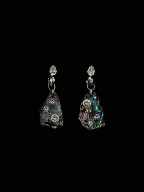 crystal studded pāua shell linked drop earrings