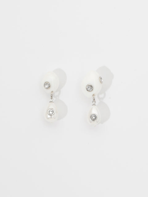 crystal studded white moon shell and pearl drop earrings