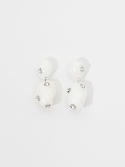 crystal studded white moon shell drop earrings