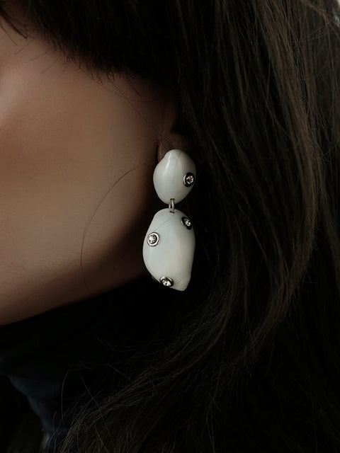 crystal studded white moon shell drop earrings