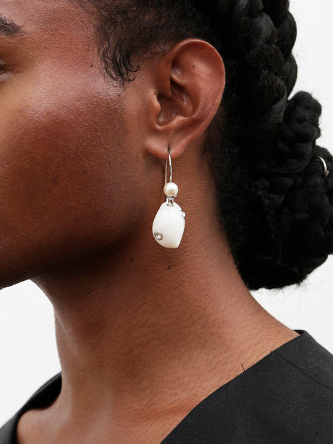 crystal studded white moon shell mismatched hook earrings