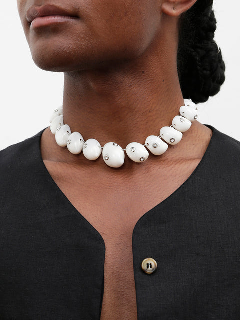 crystal studded white moon shell necklace