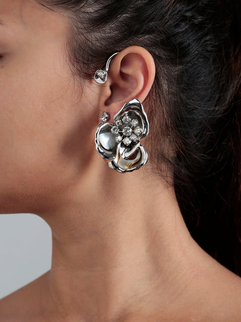 flower ear-cuff and crystal studs
