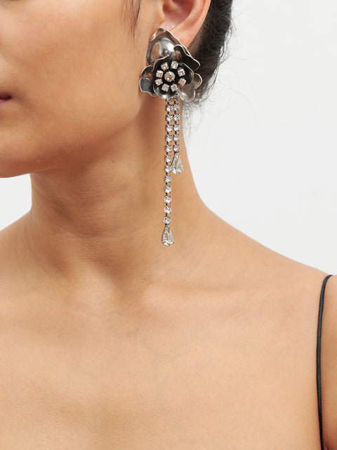 antique silver flower and crystal drop earring
