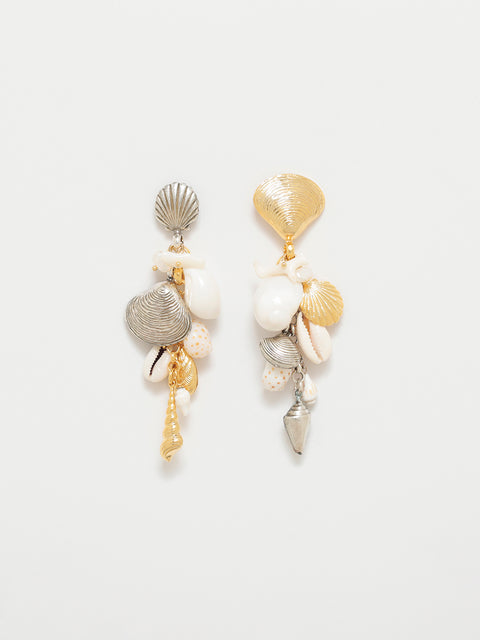 two tone mismatched shells long drop earrings