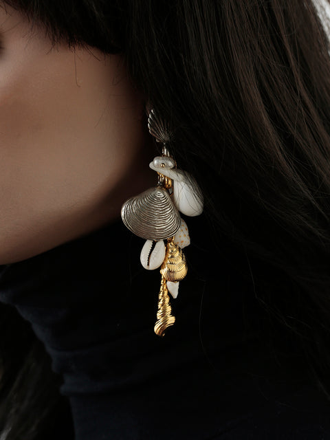 two tone mismatched shells long drop earrings